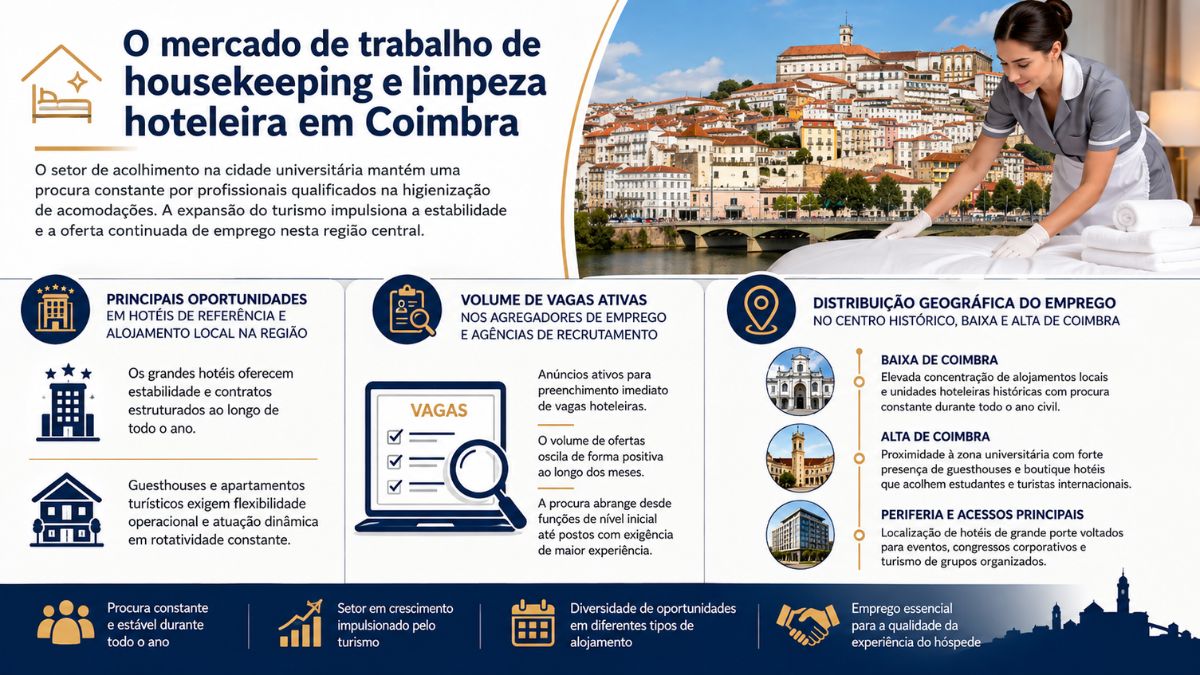 Infográfico explicativo sobre o mercado de trabalho de limpeza hoteleira em Coimbra com dados sobre oportunidades, vagas ativas e distribuição geográfica.