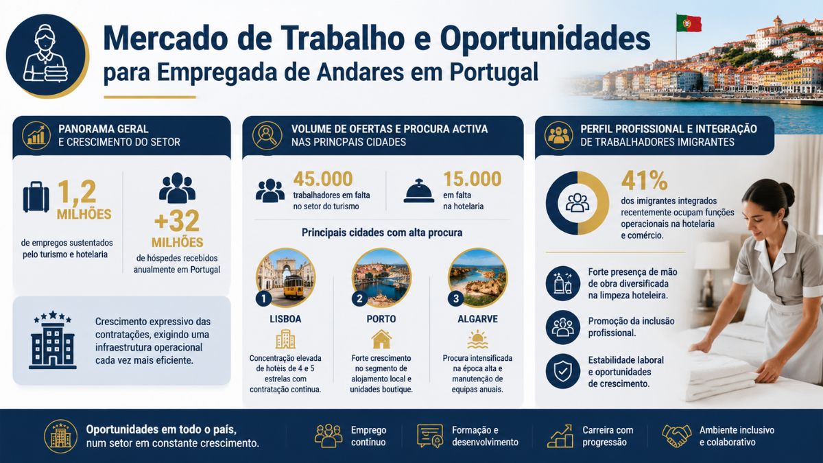 Infográfico sobre o mercado de trabalho para empregada de andares em Portugal, destacando dados do turismo, vagas ativas e integração profissional.