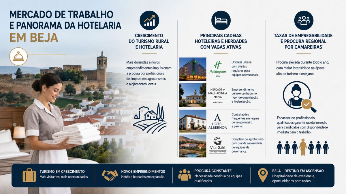 Infográfico sobre o mercado de trabalho na hotelaria em Beja destacando uma empregada de andares, cadeias hoteleiras e oportunidades no Alentejo.