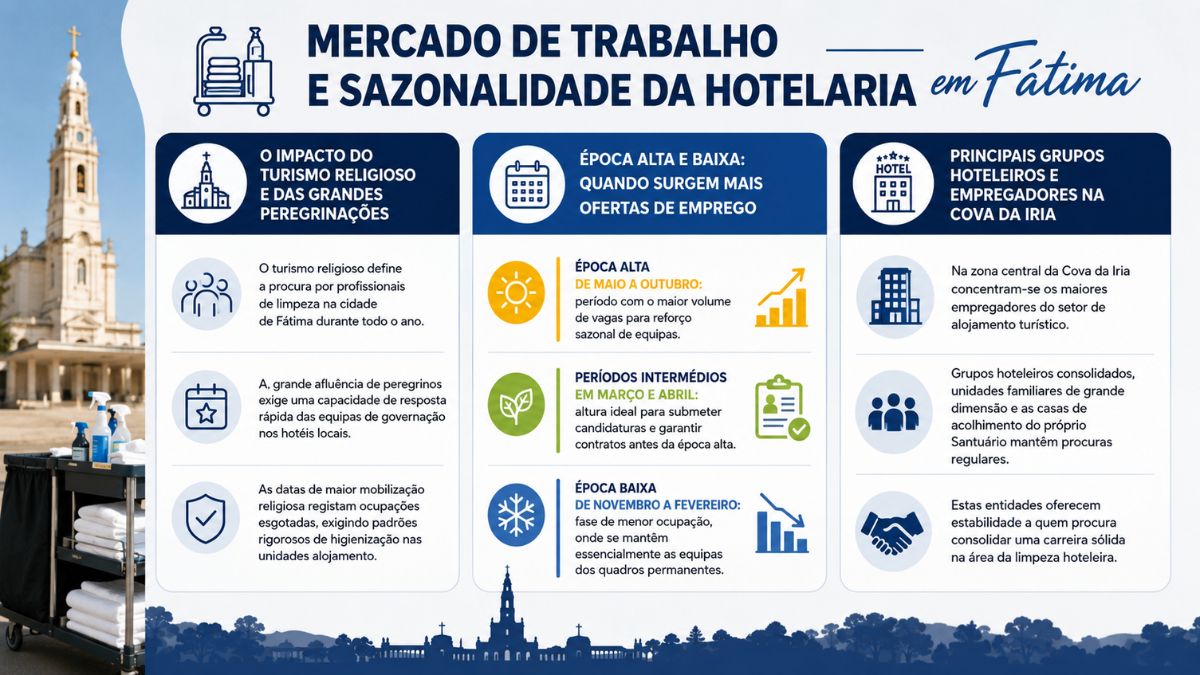 Infográfico sobre o mercado de trabalho hoteleiro em Fátima detalhando a sazonalidade, época alta e principais empregadores locais.