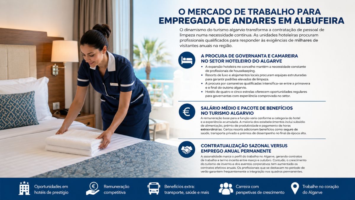 Infográfico em português-pt detalhando o mercado de trabalho para empregada de andares em Albufeira, incluindo salário médio, procura hoteleira no Algarve e tipos de contratos, com uma camareira a fazer a cama ao fundo.