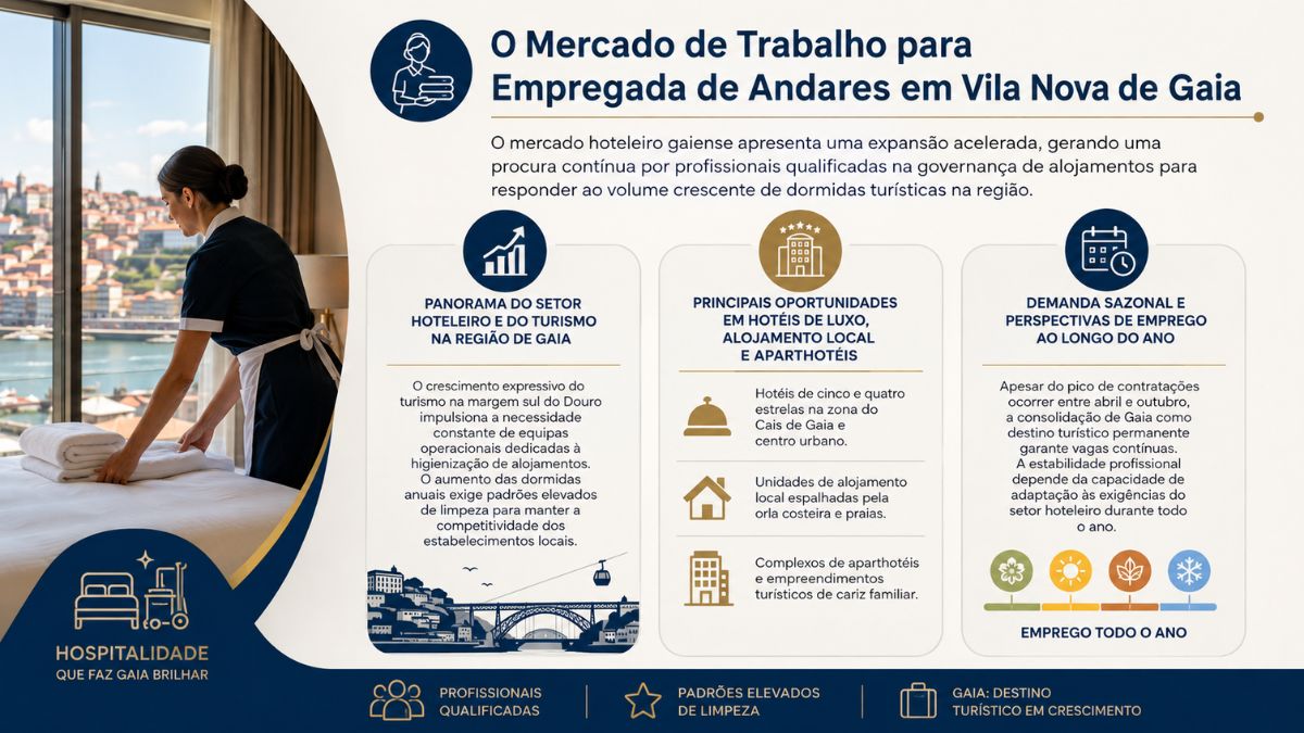 Infográfico sobre o mercado de trabalho para empregada de andares em Vila Nova de Gaia com dados do setor hoteleiro e alojamentos.