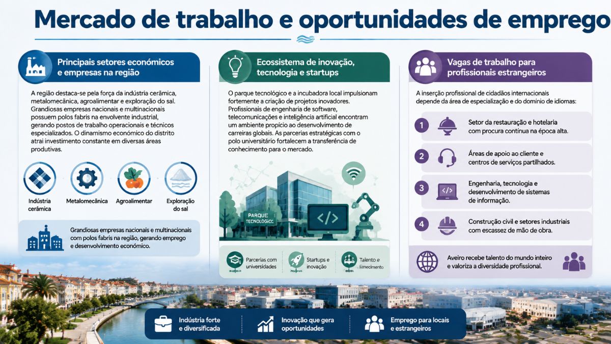 Infográfico sobre o mercado de trabalho em Aveiro destacando setores económicos como cerâmica, metalomecânica, tecnologia, startups e oportunidades de emprego para profissionais estrangeiros.