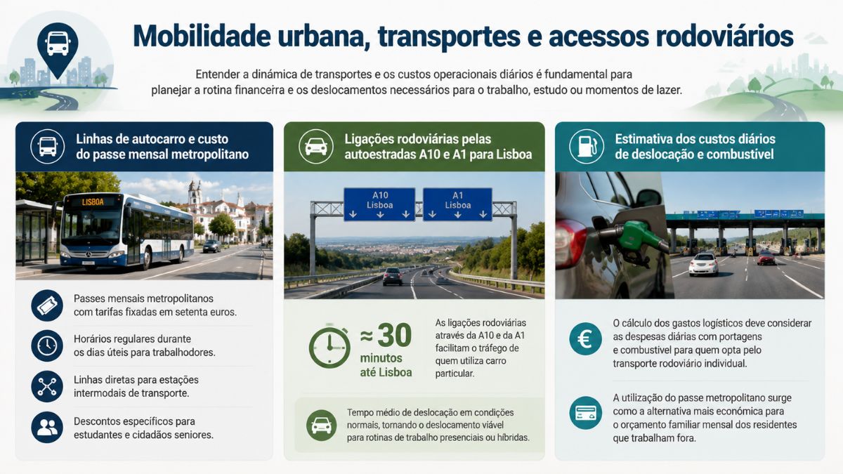 Infográfico explicativo sobre a mobilidade em Arruda dos Vinhos, abordando linhas de autocarro com passe metropolitano, acessos pelas autoestradas A10 e A1 para Lisboa e estimativa de custos de deslocação.