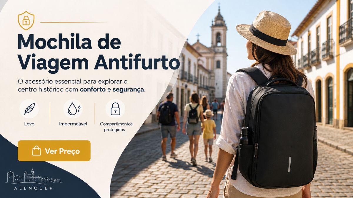 Banner publicitário de mochila de viagem antifurto preta com mulher a caminhar pelo centro histórico de Alenquer e botão ver preço.