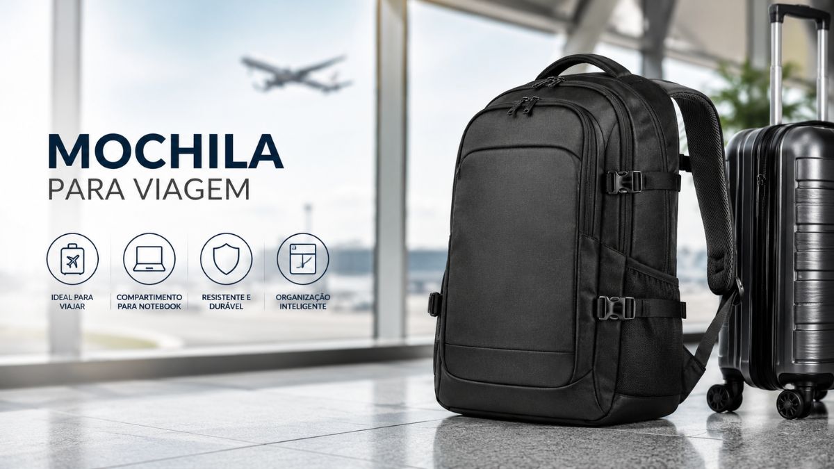 Uma mochila preta para viagem está em destaque no chão de um aeroporto ao lado de uma mala de rodinhas prateada. Ao fundo, através de grandes janelas de vidro, avista-se a pista com um avião a descolar. Do lado esquerdo, surgem os textos informativos e ícones que indicam a utilidade para viagens, compartimento para computador, resistência e organização interna.