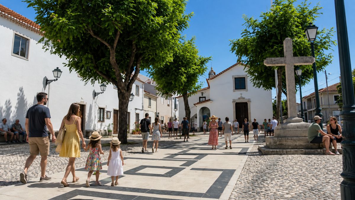 Família caminhando em praça de calçada portuguesa diante da Igreja de Nossa Senhora da Salvação em Arruda dos Vinhos, Portugal.