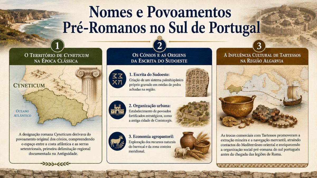 Infográfico explicativo sobre os nomes e povoamentos pré-romanos no sul de Portugal destacando o território de Cyneticum, a escrita dos cónios e a influência de Tartessos.