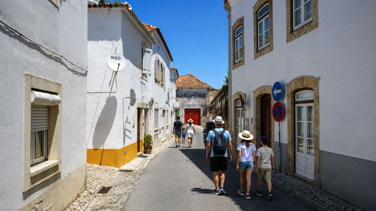 Moradores e famílias caminhando por uma rua estreita e tranquila com casas brancas tradicionais no centro de Arruda dos Vinhos.