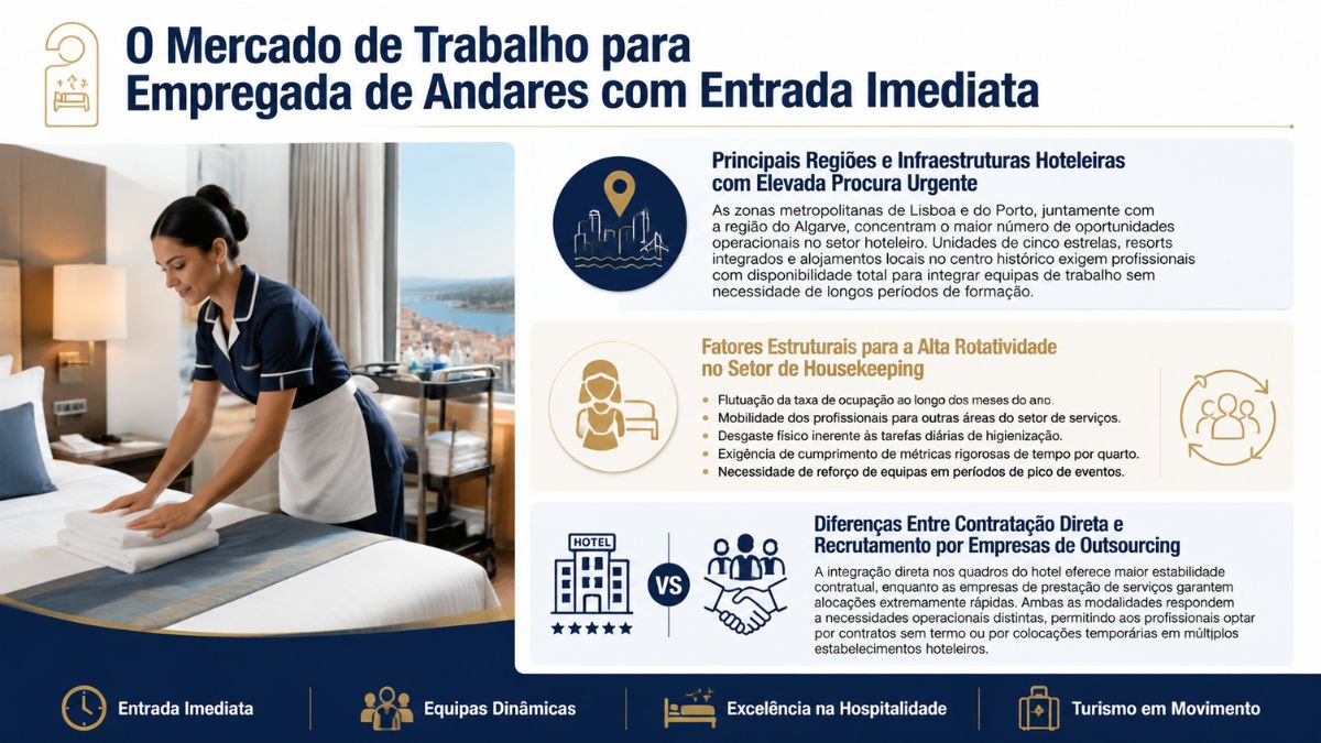 Infografico sobre o mercado de trabalho para empregada de andares com entrada imediata na hotelaria em Portugal com regioes e fatores do setor.