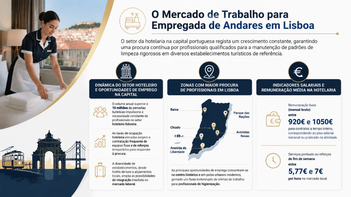 Infográfico sobre o mercado de trabalho para empregada de andares em Lisboa detalhando a dinâmica do setor hoteleiro, zonas com maior procura e indicadores salariais.