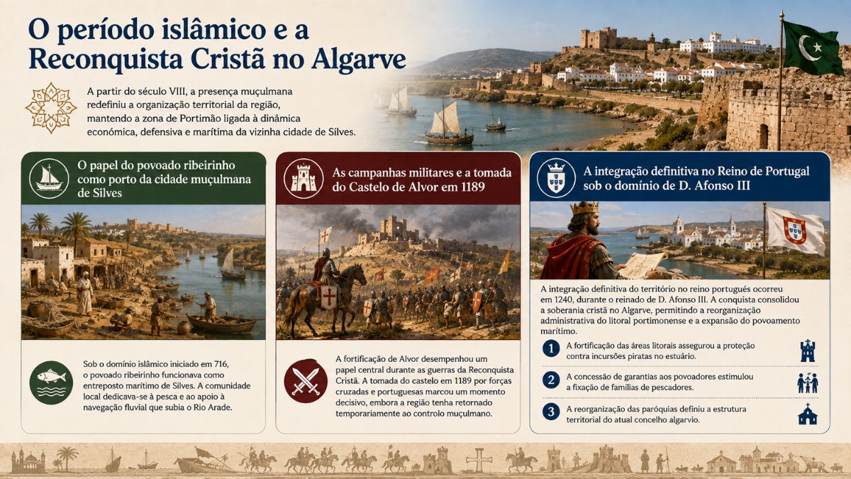 Infográfico sobre o período islâmico em Portimão, mostrando o porto de Silves, a tomada do Castelo de Alvor e a integração no Reino de Portugal por Dom Afonso III.