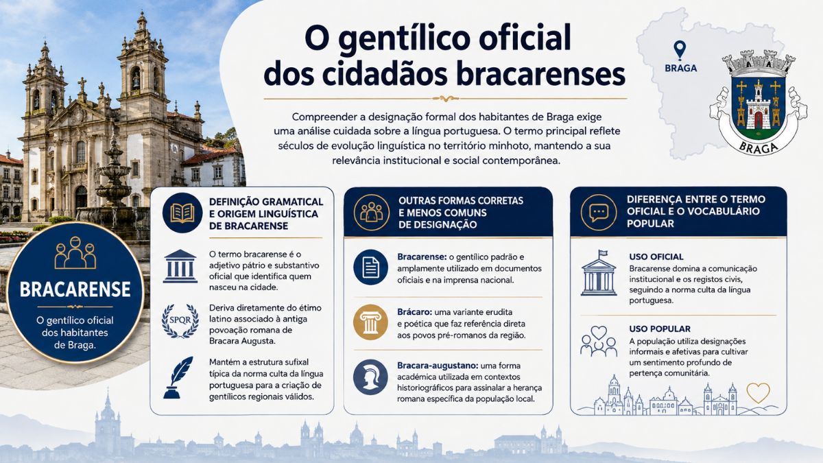 Infográfico explicativo sobre o gentílico oficial dos cidadãos bracarenses com o brasão do município de Braga e a Igreja de Santa Cruz.