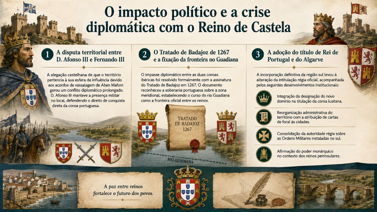 Infográfico histórico sobre a crise diplomática entre D. Afonso III e Fernando III pelo Algarve e o Tratado de Badajoz de 1267.