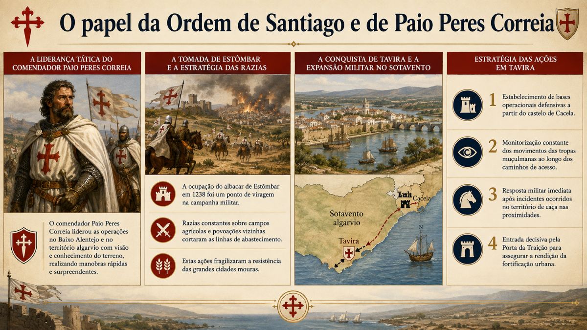 Infográfico histórico detalhando o papel da Ordem de Santiago e do comendador Paio Peres Correia na tomada de Estômbar e Tavira no Algarve.