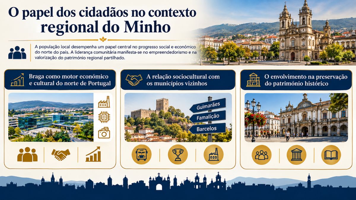 Infográfico sobre o papel dos cidadãos no contexto regional do Minho destacando Braga como motor económico relação com municípios vizinhos e património.