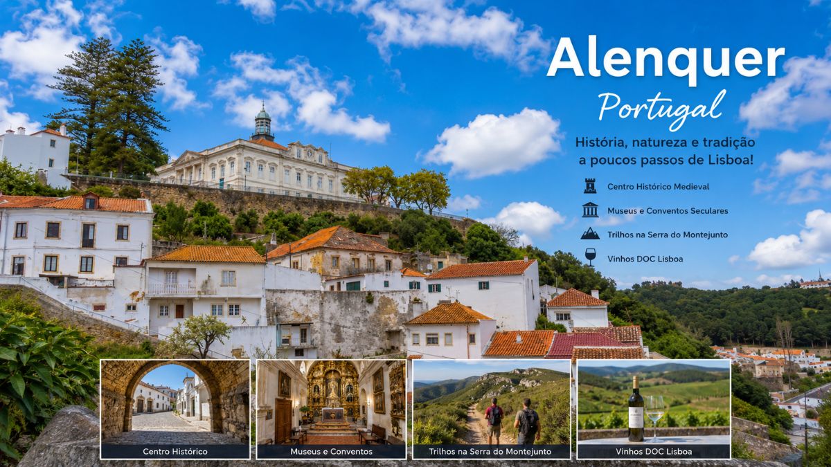 Vista panorâmica da vila de Alenquer em Portugal com casario histórico, serra e quatro destaques sobre o centro histórico, museus, trilhos na Serra do Montejunto e vinhos DOC Lisboa.