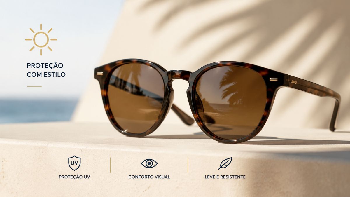 Um par de óculos de sol com armação em padrão tartaruga e lentes castanhas está apoiado numa superfície clara de pedra, refletindo palmeiras nas lentes. No fundo, vê-se o mar com iluminação solar suave. Do lado esquerdo e na parte inferior da imagem, encontram-se o texto proteção com estilo e ícones que indicam proteção UV, conforto visual, leveza e resistência.