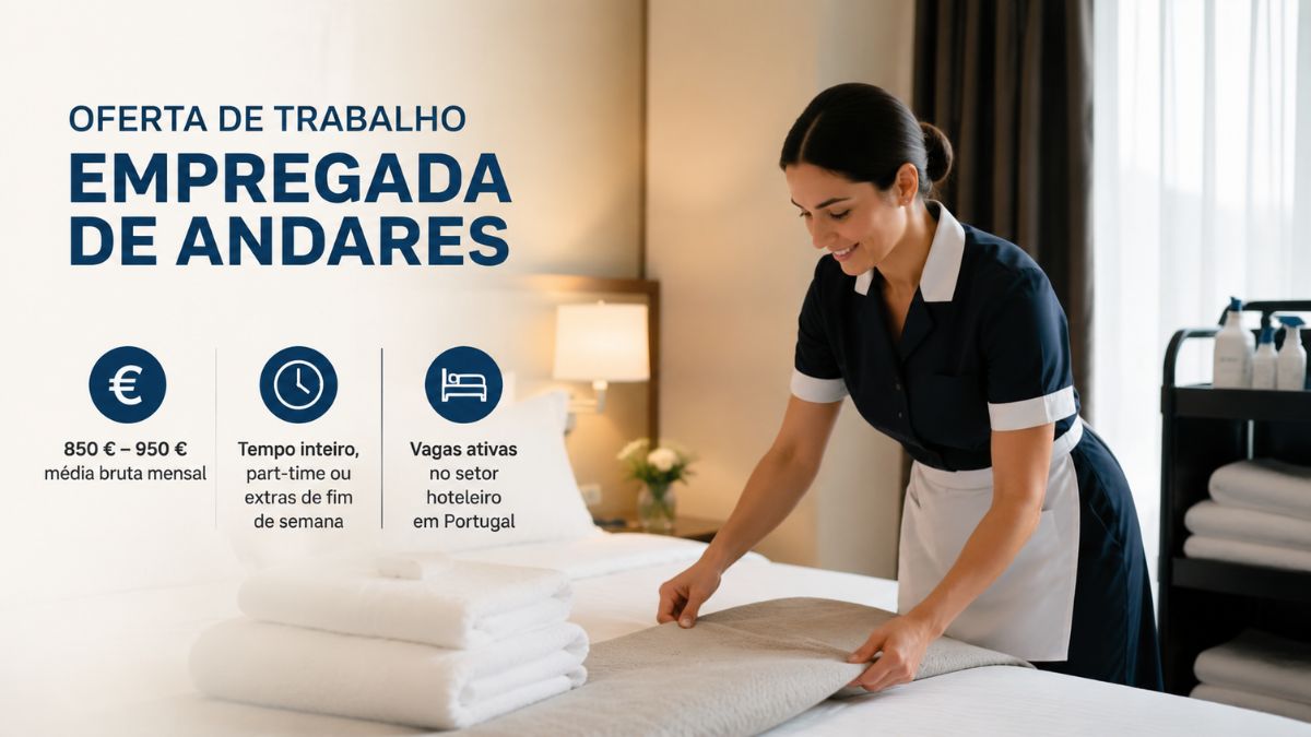 Empregada de andares a preparar a cama num quarto de hotel em Portugal, com informações sobre ofertas de trabalho e salários no setor hoteleiro.