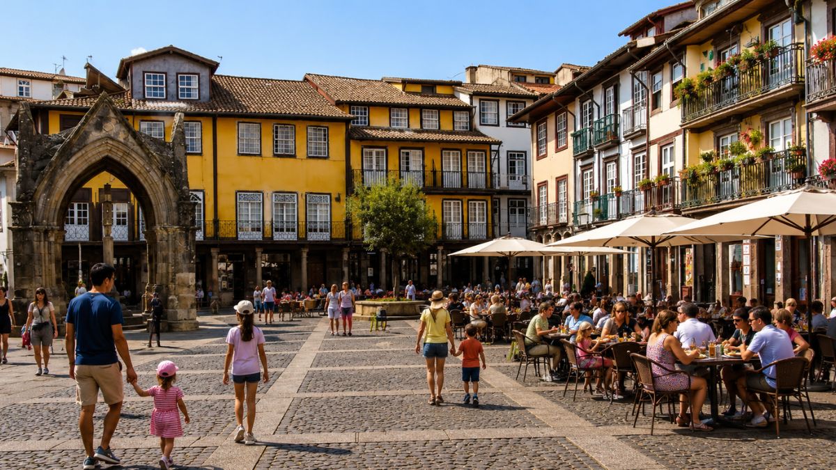 Esplanadas de restaurantes lotadas no Largo da Oliveira no centro histórico de Guimarães com edifícios amarelos e o monumento Padrão do Salado ao fundo em Portugal.