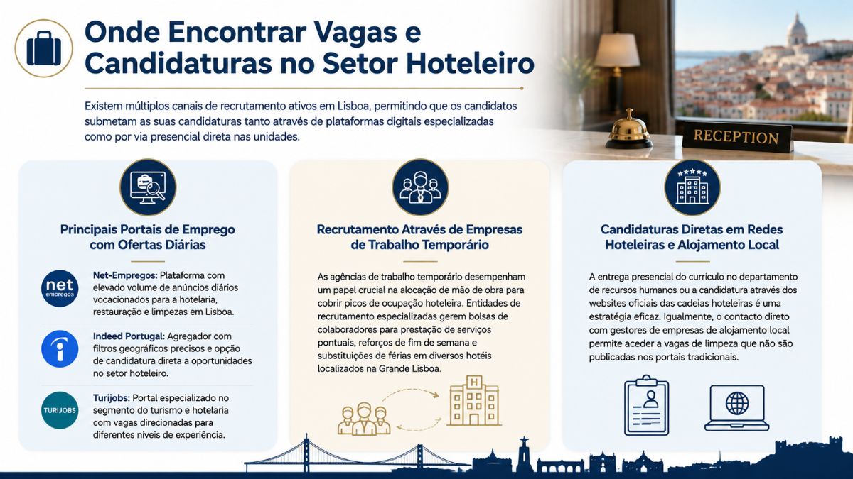 Infográfico sobre onde encontrar vagas e fazer candidaturas no setor hoteleiro em Lisboa detalhando portais de emprego, empresas temporárias e candidaturas diretas.