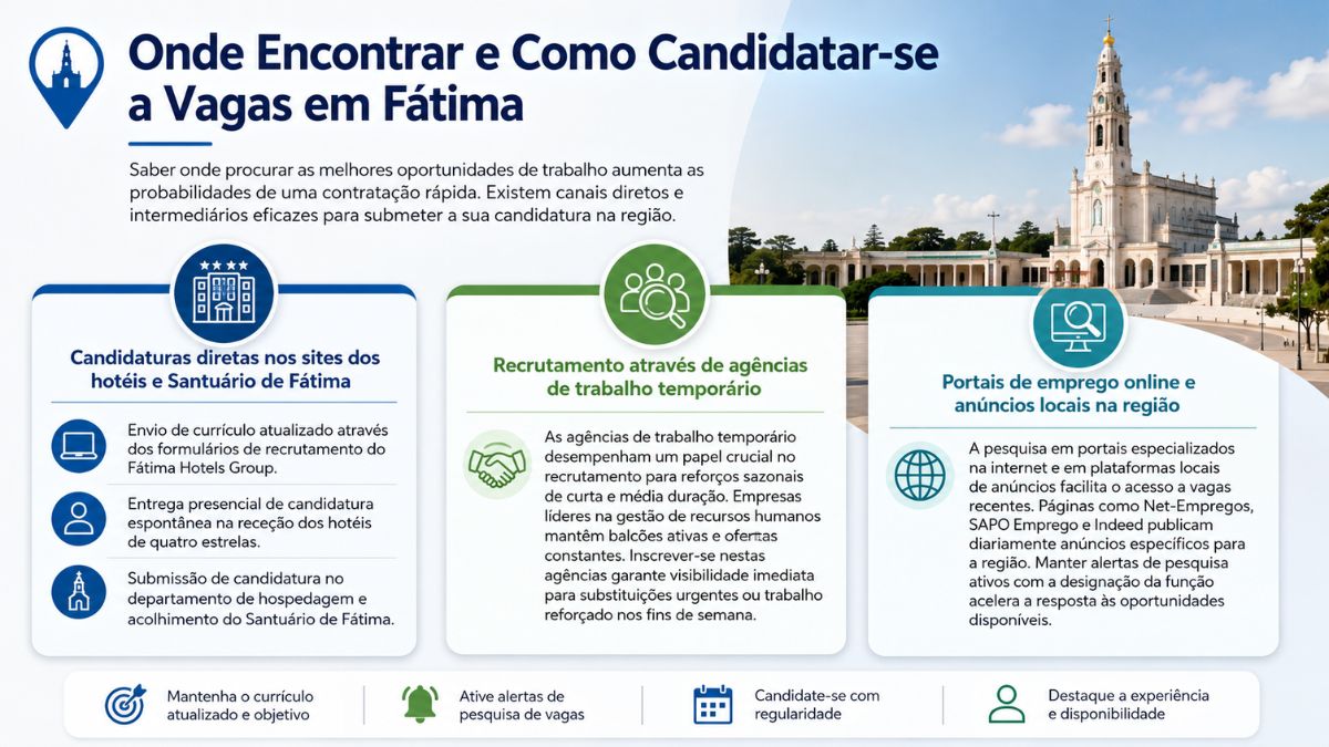 Infográfico com guias e canais para candidatura a vagas de emprego na hotelaria em Fátima.