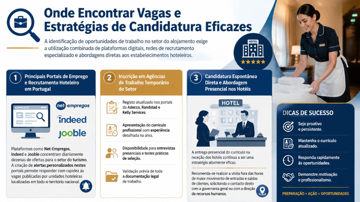 Infográfico com estratégias para encontrar vagas de empregada de andares em hotel, mostrando portais de emprego em Portugal, agências de trabalho temporário e candidatura espontânea.
