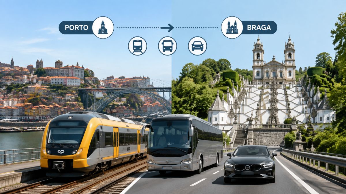 Infográfico com a rota entre o Porto e Braga com imagens de comboio da CP, autocarro e carro, destacando os monumentos de ambas as cidades.
