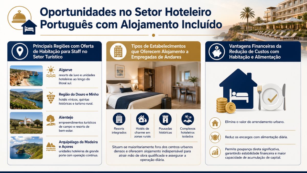 Infográfico com as regiões de Portugal que oferecem emprego de empregada de andares com alojamento e as vantagens financeiras para o staff hoteleiro.