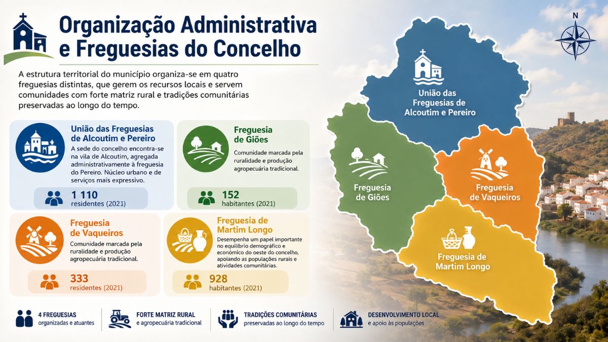 Infográfico com mapa colorido das quatro freguesias do concelho de Alcoutim e cartões informativos com dados populacionais de cada região.