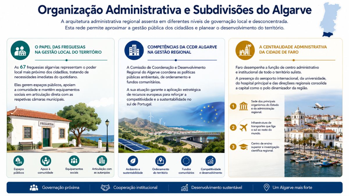 Infográfico sobre a organização administrativa do Algarve detalhando as 67 freguesias, as competências da CCDR Algarve na gestão de fundos europeus e a centralidade da cidade de Faro.