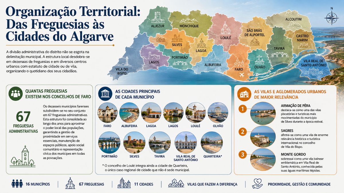 Infográfico da organização territorial do Algarve, destacando o mapa colorido dos 16 municípios, as 67 freguesias administrativas, as 11 cidades principais e vilas relevantes.