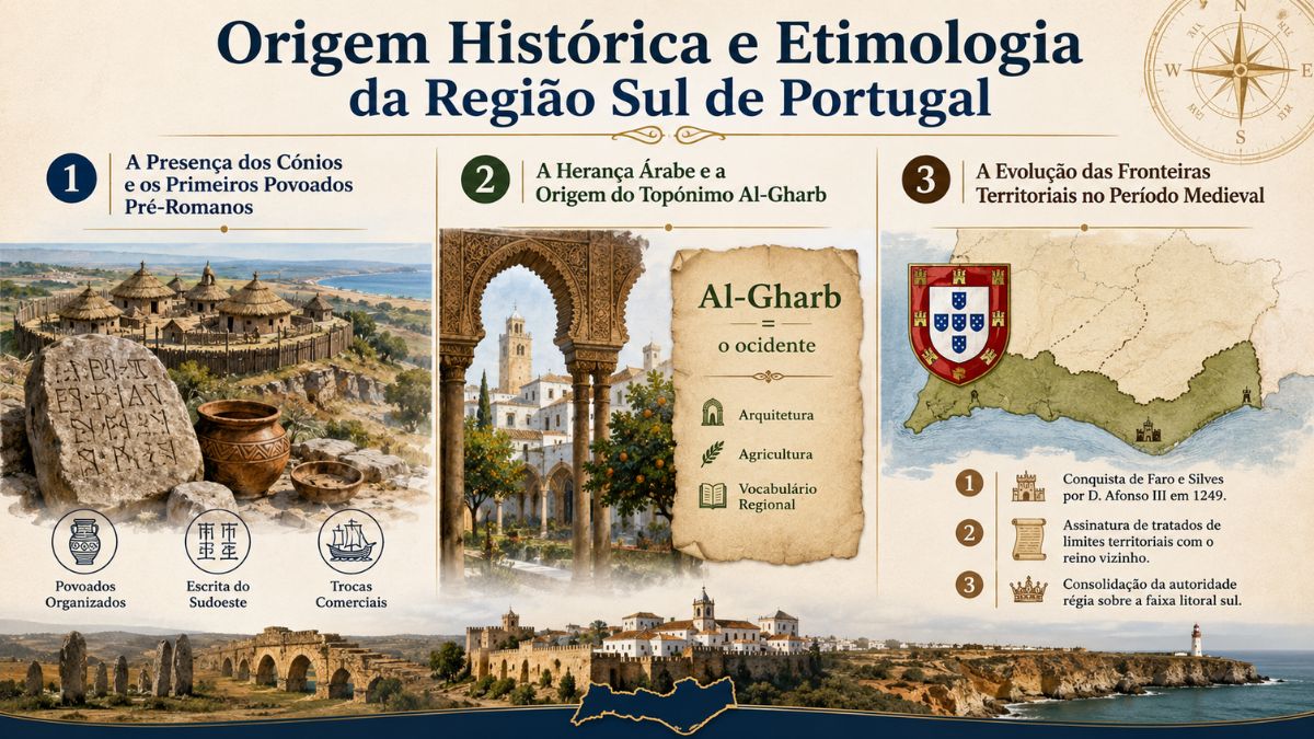 Infográfico histórico sobre a origem do Algarve destacando os cónios e a escrita do sudoeste, a influência árabe do topónimo Al-Gharb e a evolução das fronteiras territoriais medievais.
