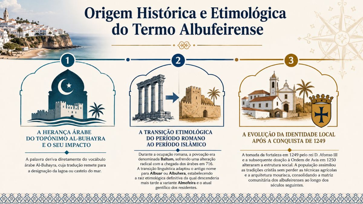 Infográfico histórico detalhando a evolução etimológica do termo albufeirense desde a herança árabe até a conquista em 1249.