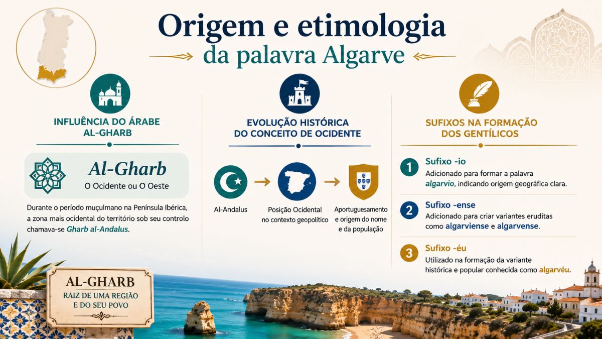 Infografia explicativa sobre a origem e etimologia da palavra Algarve, destacando a influência do árabe Al-Gharb e a formação de gentílicos.
