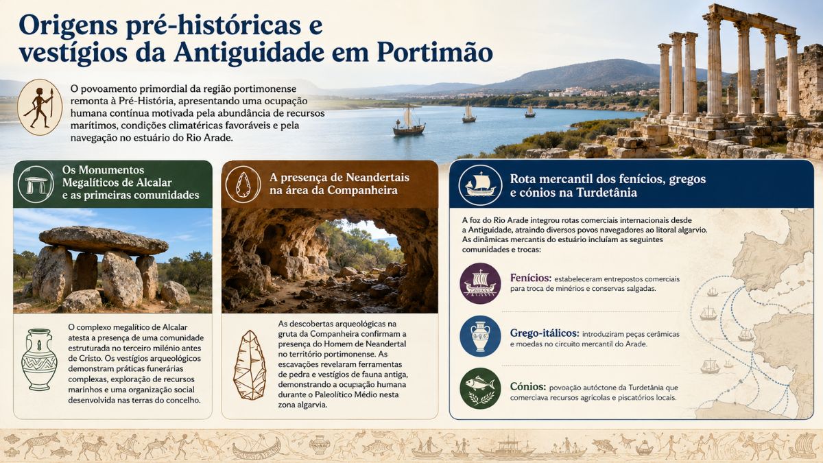 Infográfico histórico sobre Portimão destacando Alcalar Neandertais da Companheira e rotas comerciais fenícias gregas e cónias.
