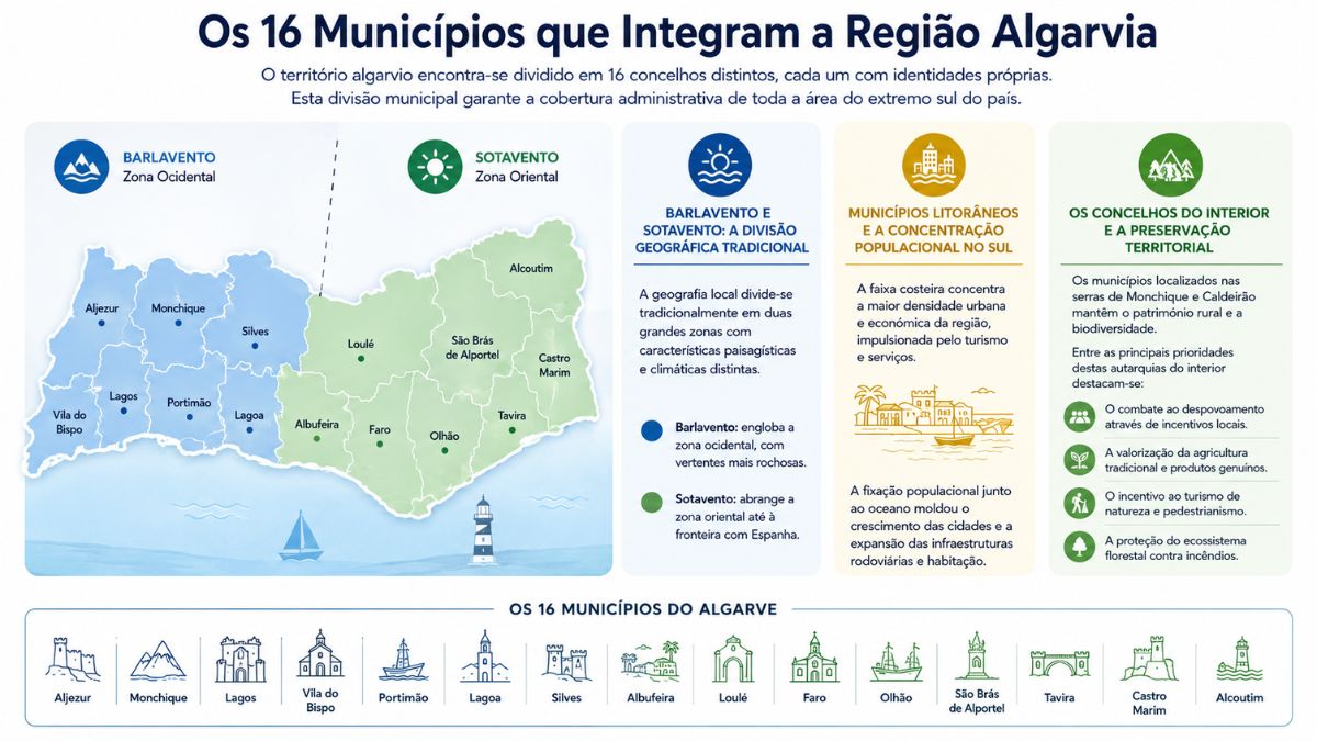 Infográfico ilustrativo sobre os 16 municípios da região do Algarve destacando a divisão territorial entre Barlavento na zona ocidental e Sotavento na zona oriental, com ícones dos concelhos algarvios.