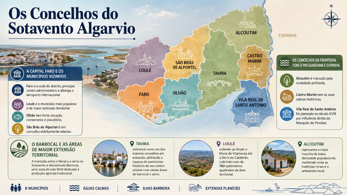 Infográfico com o mapa dos 8 concelhos do Sotavento Algarvio, destacando a capital Faro, os municípios de fronteira com o Guadiana e a região do Barrocal.