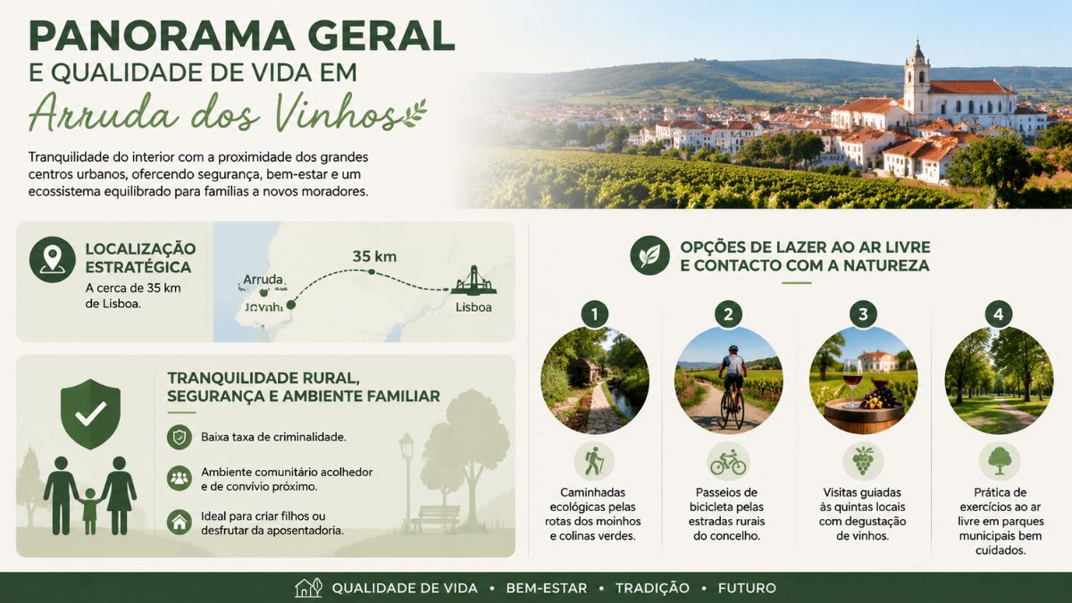 Infográfico detalhado sobre a qualidade de vida em Arruda dos Vinhos, destacando a localização a 35 km de Lisboa, a segurança, o ambiente familiar e as opções de lazer ao ar livre no concelho.