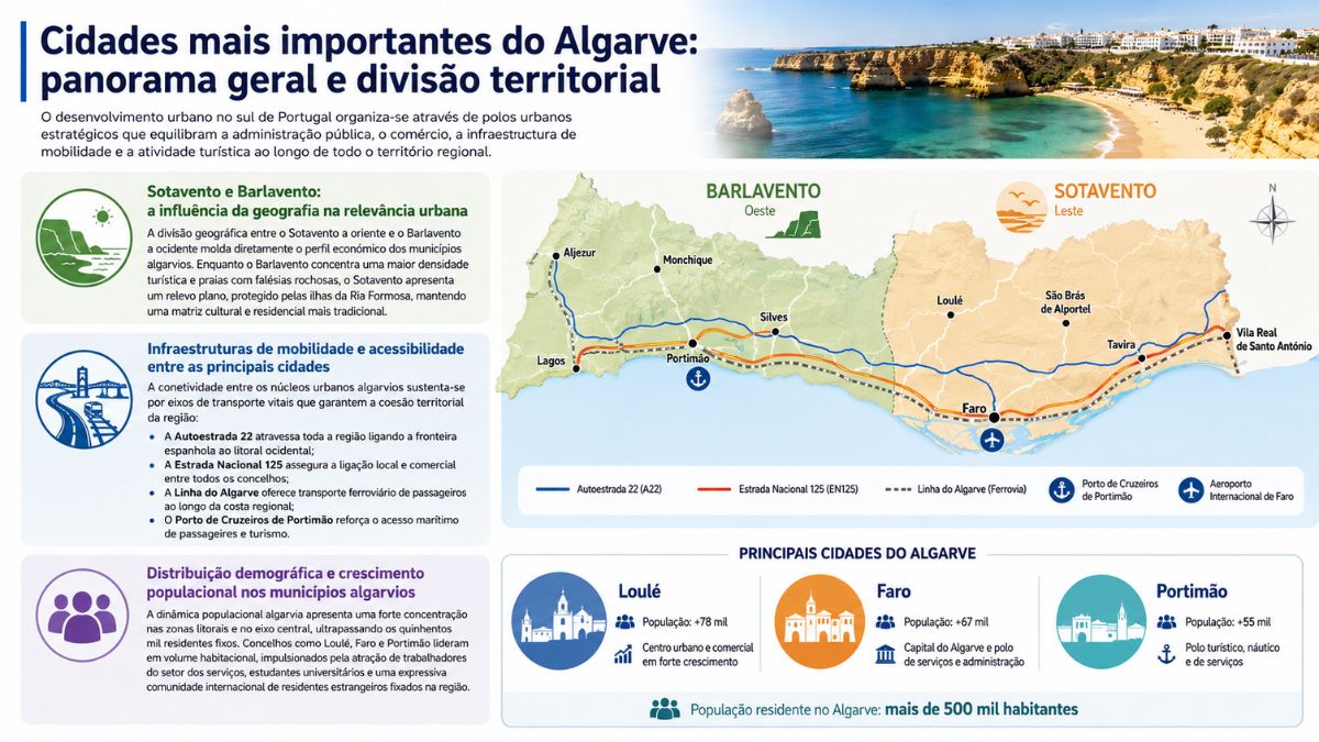 Infográfico informativo sobre o panorama geral e a divisão territorial das cidades mais importantes do Algarve, apresentando o mapa da região dividido entre Barlavento e Sotavento, e eixos de mobilidade.