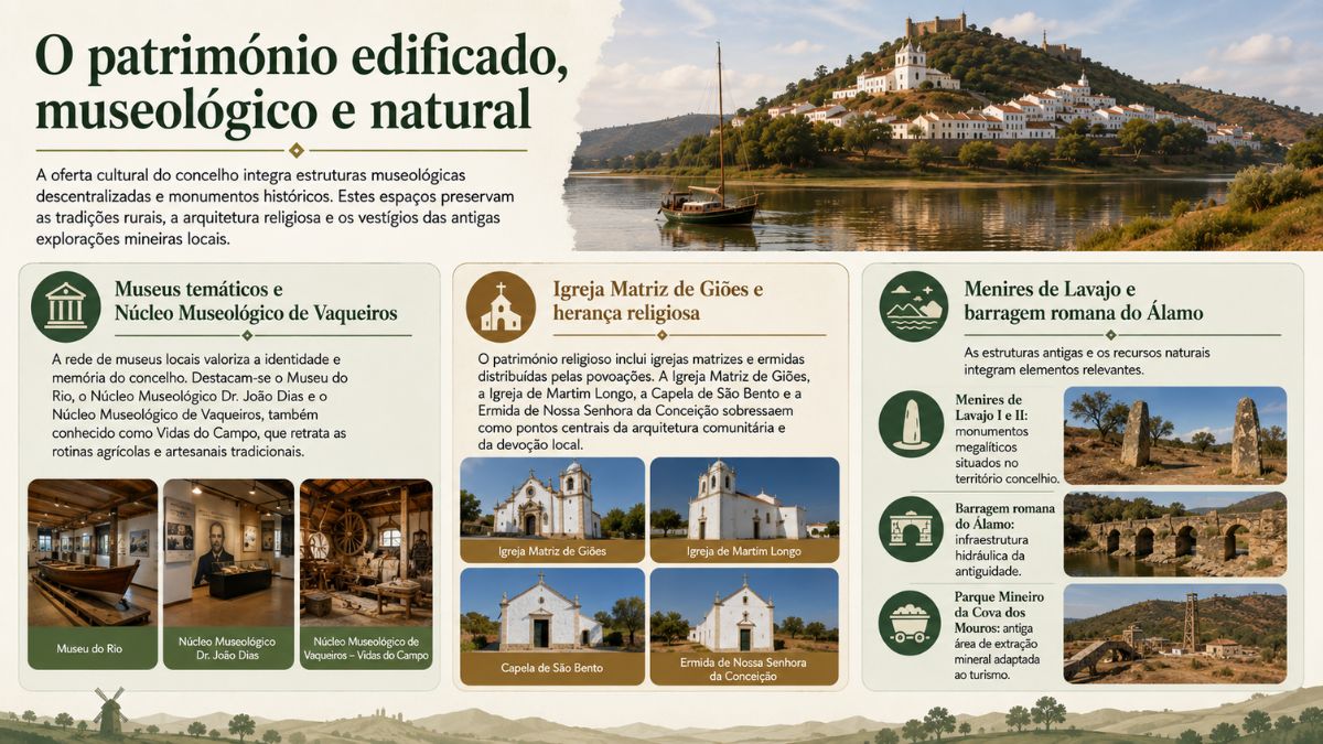 Infográfico sobre o património de Alcoutim mostrando museus locais, a Igreja Matriz de Giões, edifícios religiosos, menires de Lavajo e a barragem romana do Álamo.