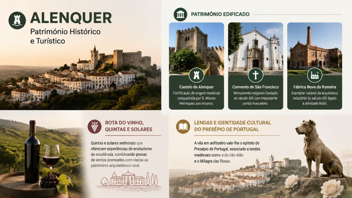 Infografia do patrimonio historico de Alenquer com destaque para o castelo medieval, Convento de Sao Francisco, Fabrica da Romeira e rota do vinho.