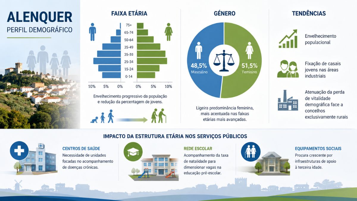 Infográfico sobre o perfil demográfico de Alenquer apresentando pirâmide etária, gráfico de género com quarenta e oito vírgula cinco por cento de homens e cinquenta e um vírgula cinco por cento de mulheres, tendências populacionais e impactos nos serviços públicos de saúde, educação e apoio social.
