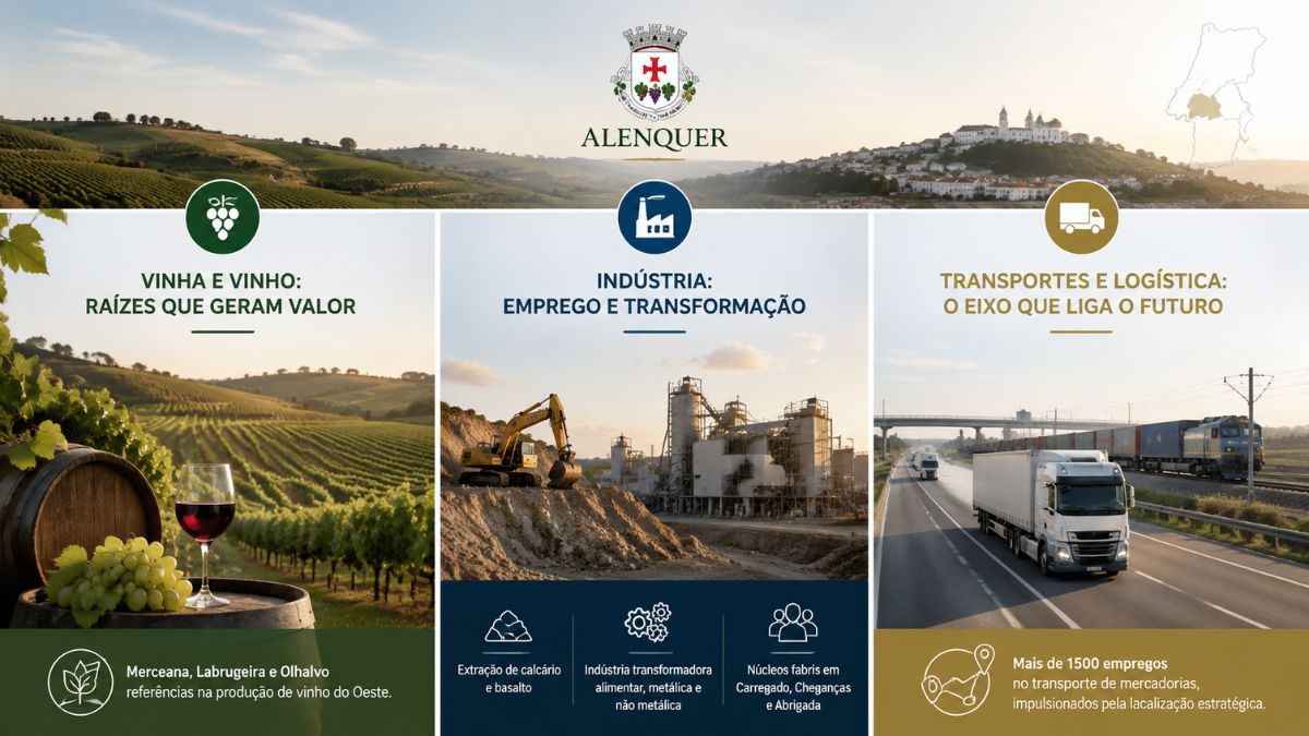 Infográfico sobre a economia de Alenquer dividido em três pilares, produção de vinho, indústria extrativa e transformadora e transportes e logística.