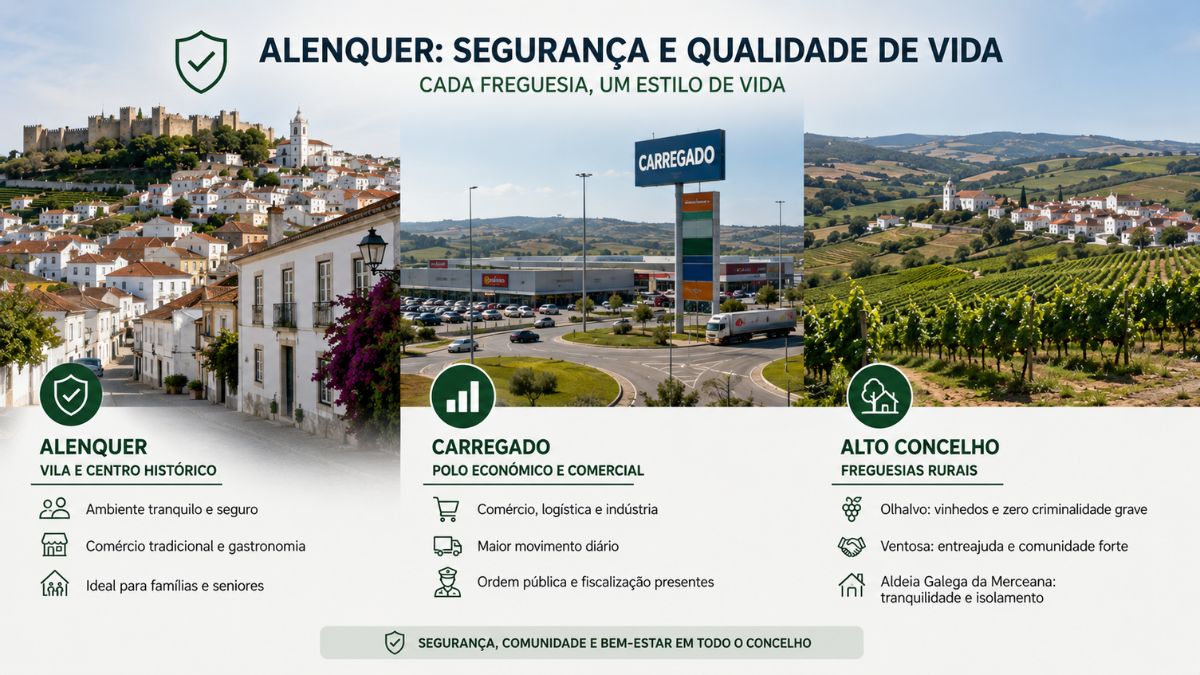 Infografia detalhando a segurança e os estilos de vida nas freguesias de Alenquer incluindo o centro histórico o Carregado e as zonas rurais do norte.