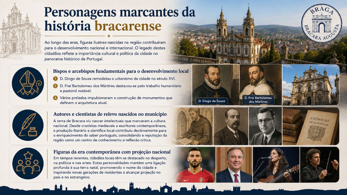 Infográfico sobre as personagens marcantes da história bracarense destacando arcebispos autores cientistas e figuras contemporâneas de Braga.