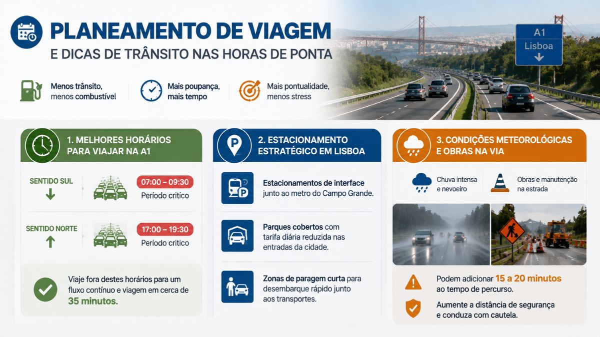 Infográfico sobre planeamento de viagem e dicas de trânsito nas horas de ponta na autoestrada A1 para Lisboa destacando horários e estacionamentos.