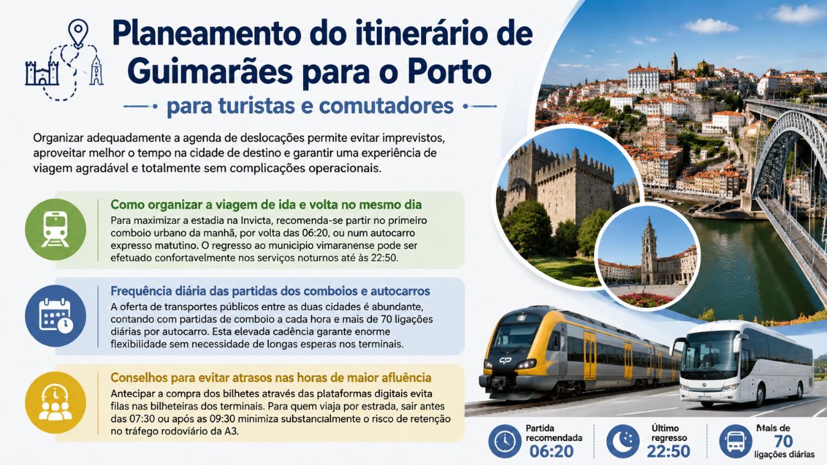Infográfico sobre como planear o itinerário de Guimarães para o Porto mostrando conselhos para organizar viagens de ida e volta no mesmo dia de comboio ou autocarro.