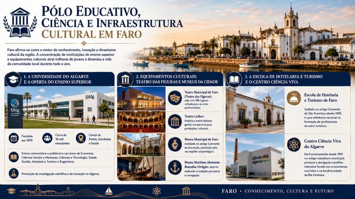 Infográfico sobre a educação e cultura em Faro apresentando a Universidade do Algarve, equipamentos culturais como o Teatro das Figuras e a Escola de Hotelaria.