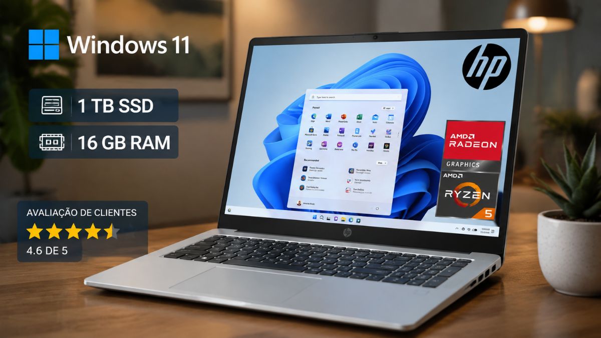 Computador portátil HP de cor prateada visto em perspetiva lateral sobre uma secretária, mostrando o ecrã com Windows 11, caixas com especificações de 1 TB SSD, 16 GB RAM, avaliação de 4,6 de 5 estrelas e selos AMD Ryzen 5 e Radeon Graphics.
